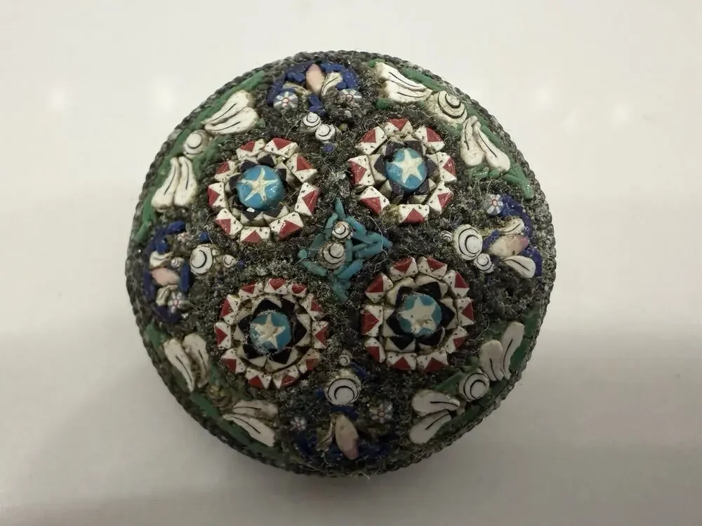 Antique Micro Mosaic Round Domed Brooch Floral Geometric Design Victorian Style